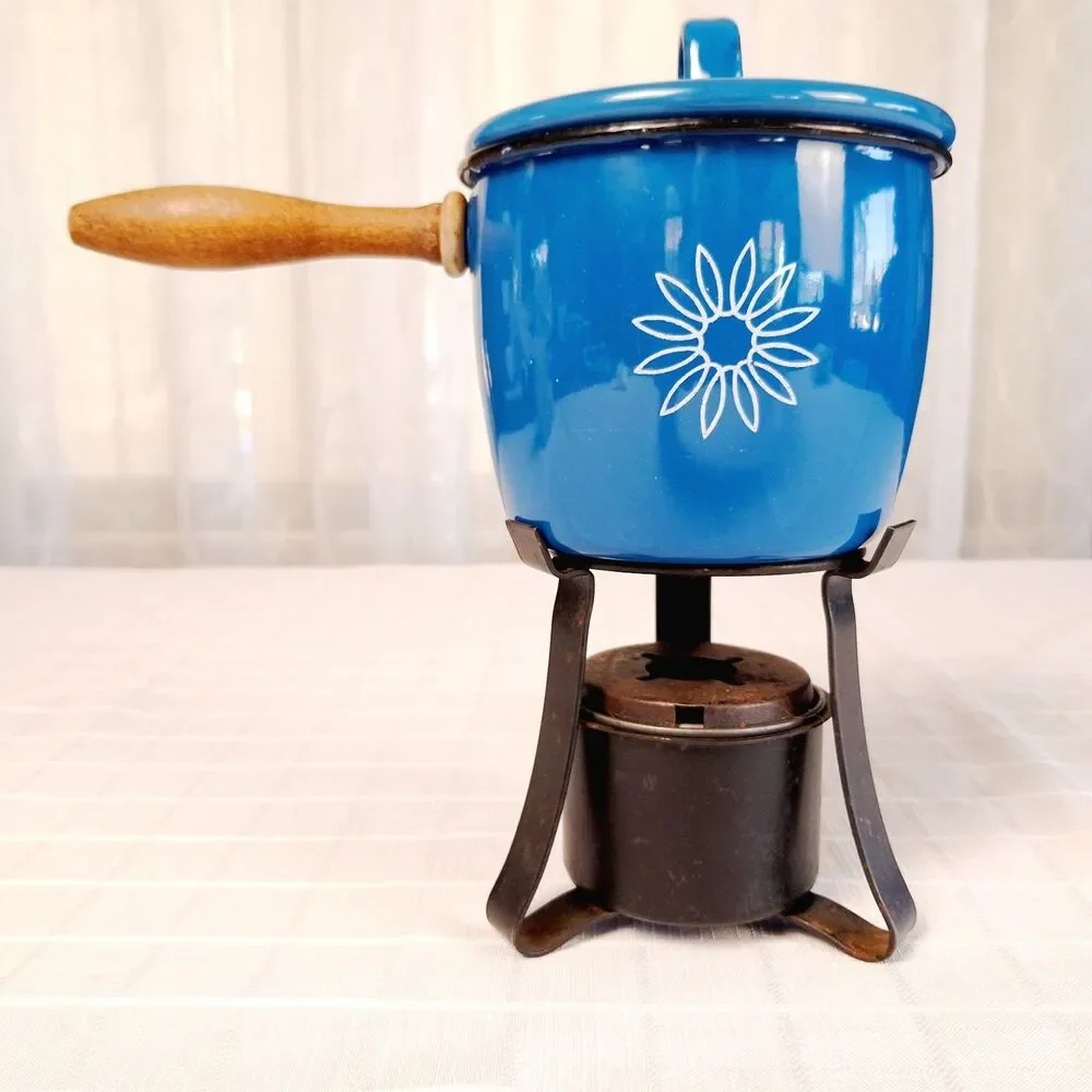 Vintage Sterno Country Cookery Bayberry Blue Enamel Covered Sauce Server